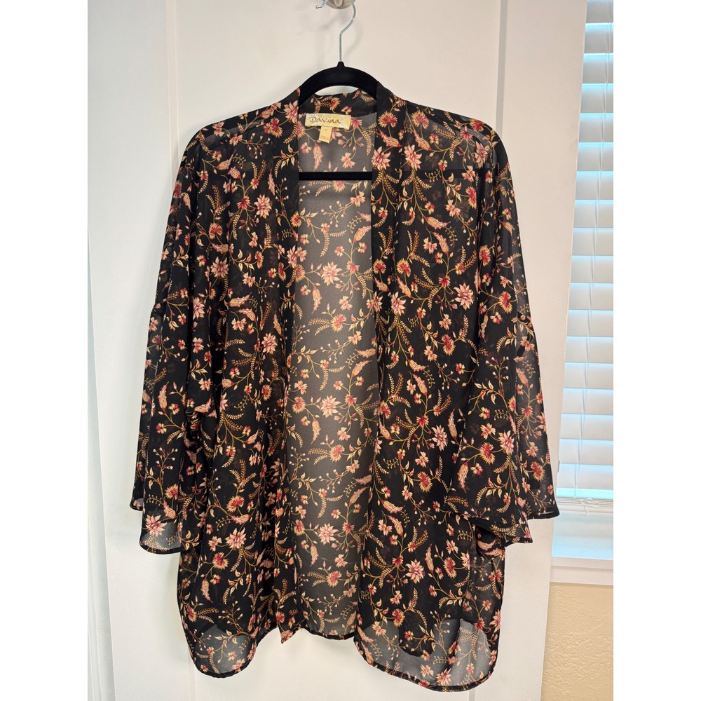 Davina Floral Kimono Wrap Black Sheer Chiffon Open Front Cardigan Plus Size 1X